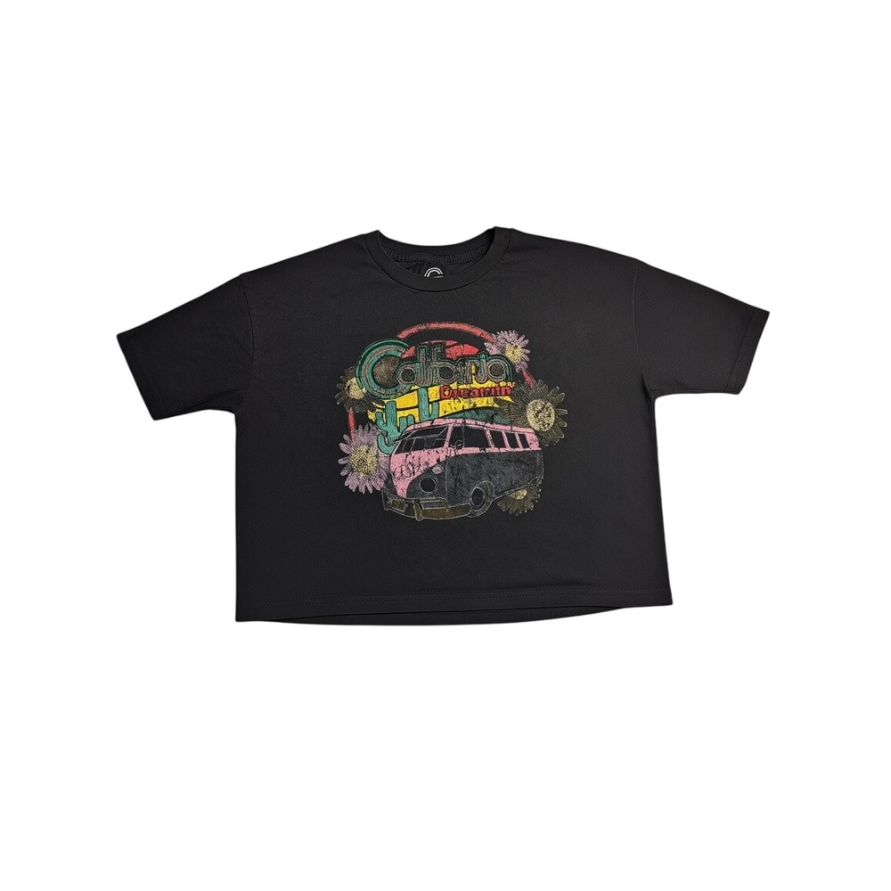 Social Culture California Dreamin Graphic Worn Cropped Boxy T-Shirt Black LG